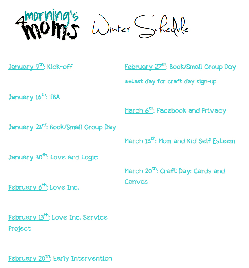 Mornings for Mom's Winter 2013 Schedule - Mornings for Moms